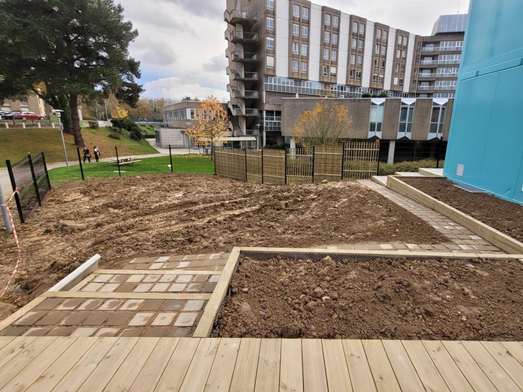 Espace vert aménagé avec engazonnement et plantations