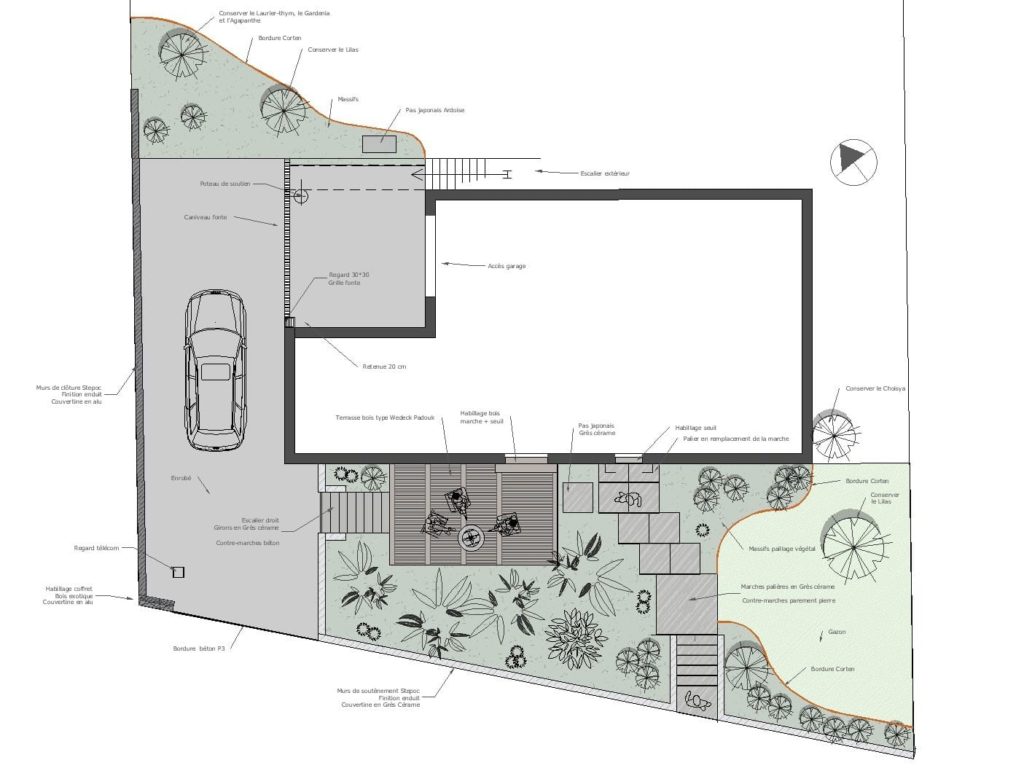 Plan d’aménagement extérieur d’une entrée de maison à Châteaugiron, réalisé par notre bureau d’études paysager.